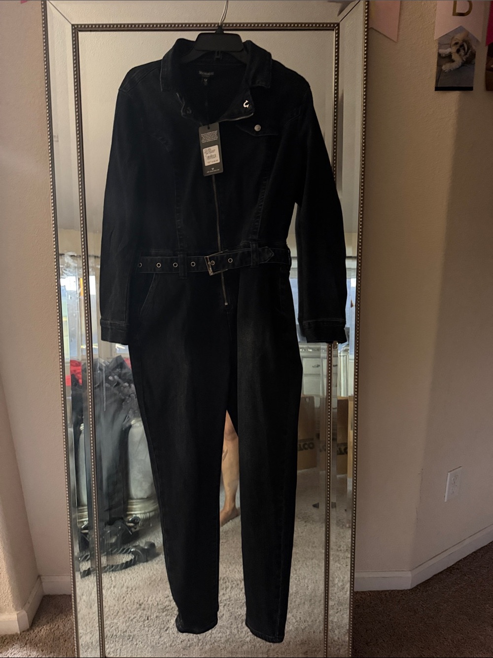 True Religion Black Denim Belted Jumpsuit
